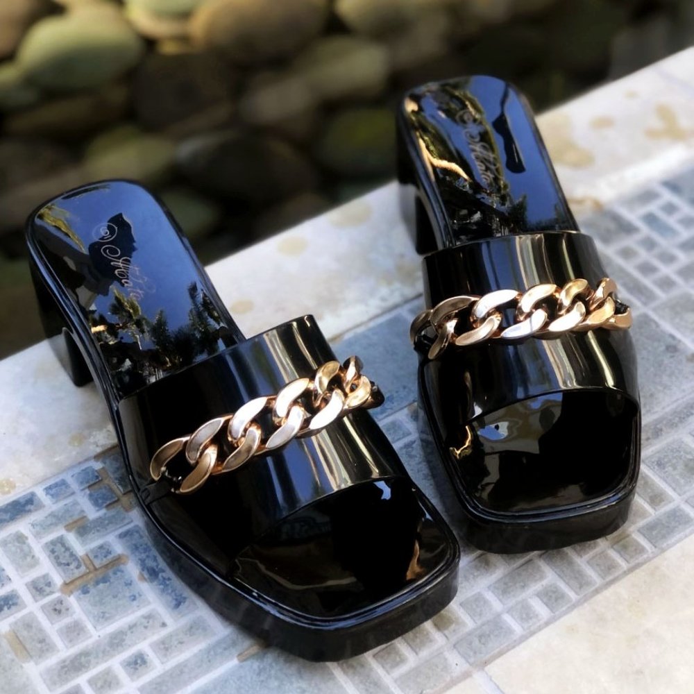 NEW Black Gold Chain Jelly Rubber Block Heel Platform Slip On Slides Sandals - Picture 4 of 10